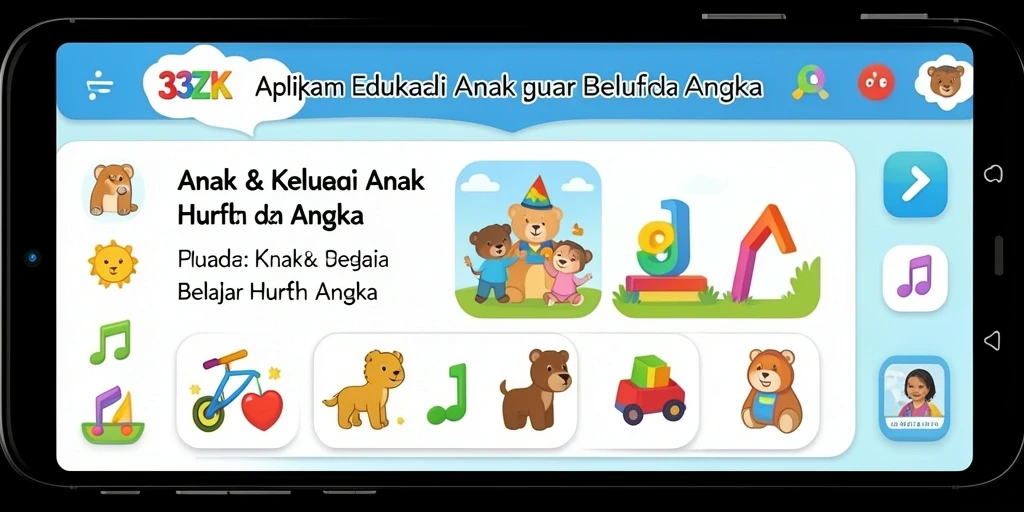 Tampilan aplikasi 33ZK dengan fitur belajar huruf dan angka.
