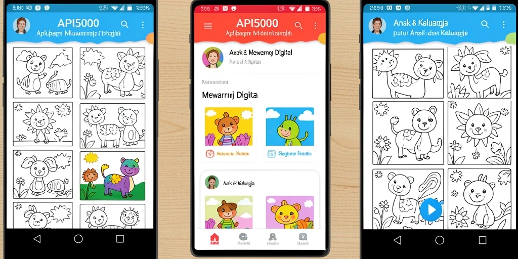 Antarmuka aplikasi mewarnai digital yang cerah dan menarik.